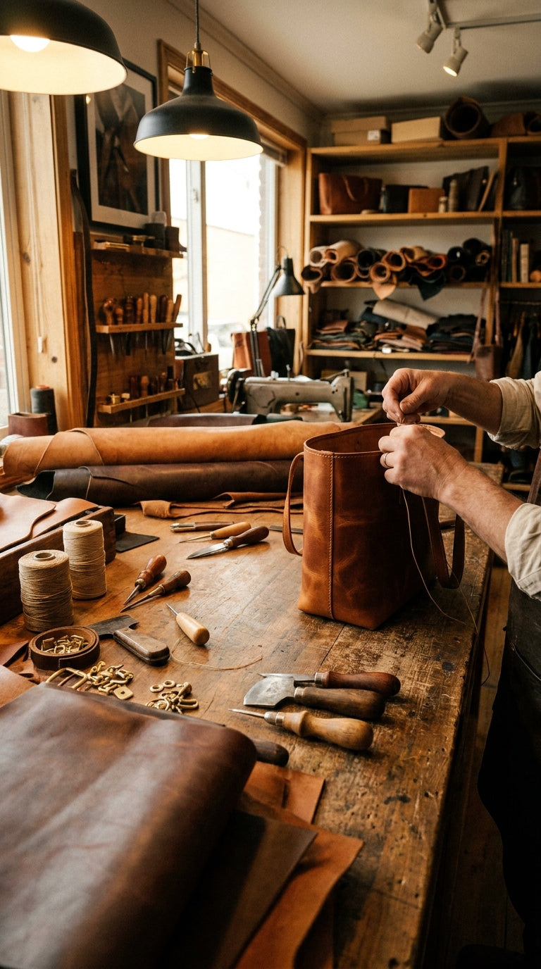 Person working on leather in a workshop with tools and materials around